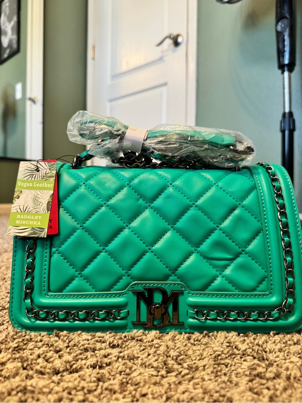 Badgley Mischka Teal Quilted Vegan Leather Crossbody Bag